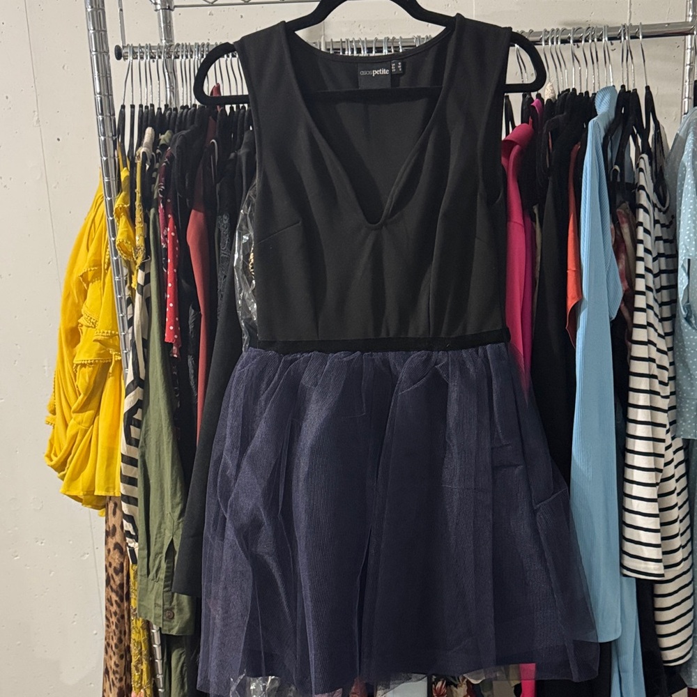 ASOS Petite Black Sleeveless V-Neck Dress with Dark Navy Skirt